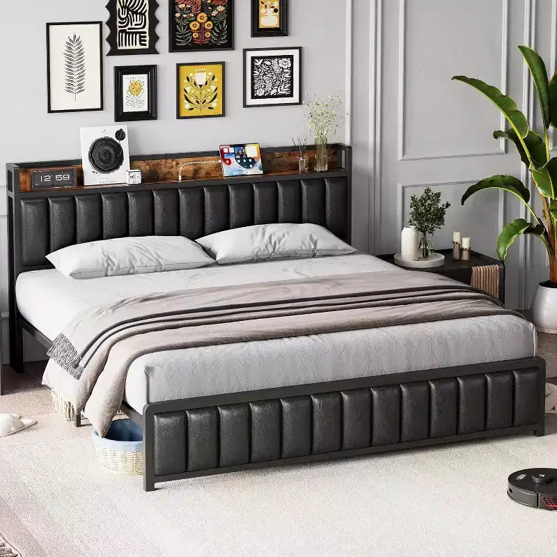 Acekool Upholstered Platform Bed Frame with Storage Headboard, USB Ports & Strong Metal Slats