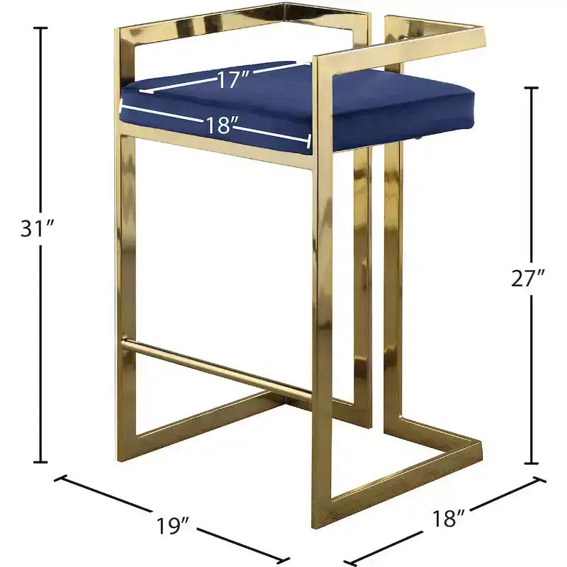 Tabouret de comptoir en velours bleu marine avec accoudoirs, base dorée, lot de 2