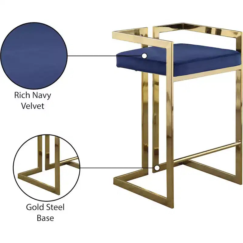Tabouret de comptoir en velours bleu marine avec accoudoirs, base dorée, lot de 2