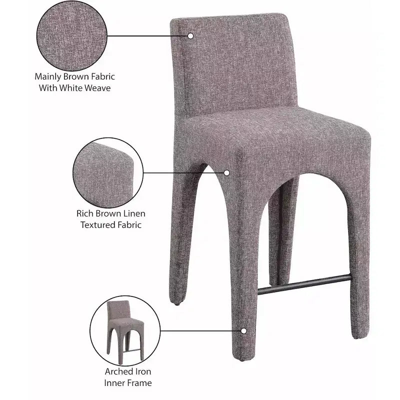 Tabouret de bar tapissé en lin marron, sans accoudoirs, dossier mi-haut, 1 place