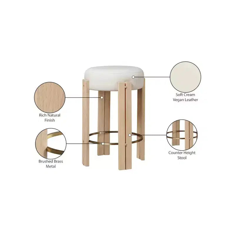 Tabouret de comptoir sans dossier en similicuir crème, structure en laiton brossé, 1 place
