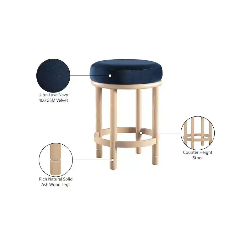 Tabouret de comptoir rond en velours bleu marine, sans accoudoirs, 1 place