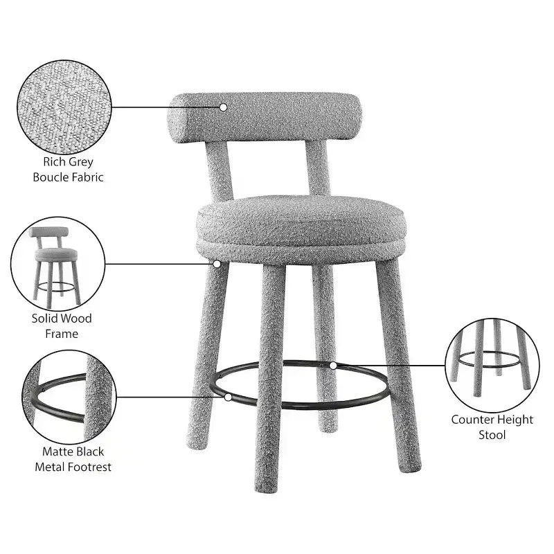 Tabouret de comptoir rond en velours bouclé gris, lot de 2