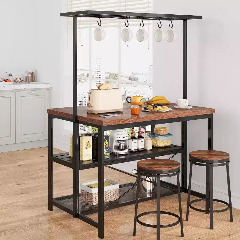 Îlot de cuisine industriel noir avec plateau en bois, 3 étagères et prises électriques, 4 places (119 cm)