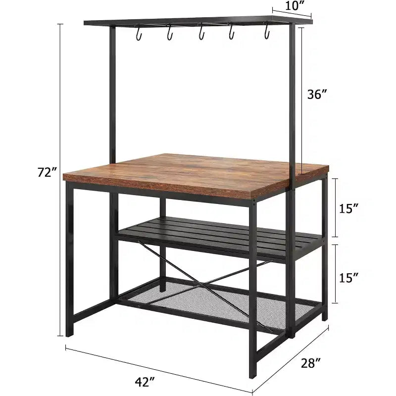 Îlot de cuisine industriel noir avec plateau en bois, 3 étagères et prises électriques, 4 places (119 cm)
