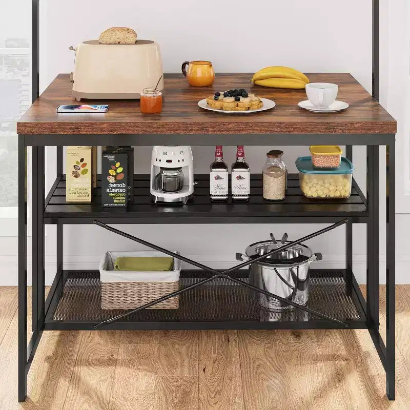 Îlot de cuisine industriel noir avec plateau en bois, 3 étagères et prises électriques, 4 places (119 cm)
