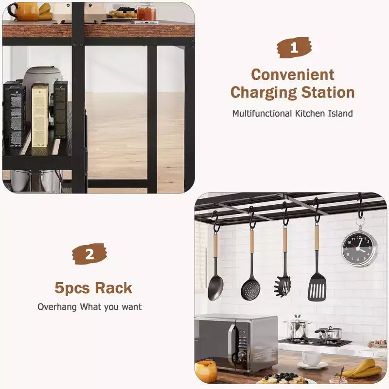 Îlot de cuisine industriel noir avec plateau en bois, 3 étagères et prises électriques, 4 places (119 cm)