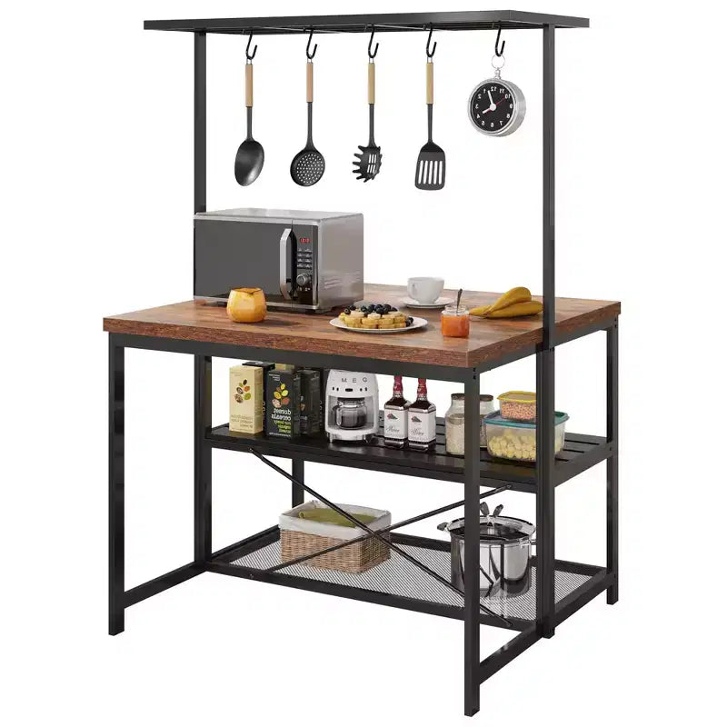 Îlot de cuisine industriel noir avec plateau en bois, 3 étagères et prises électriques, 4 places (119 cm)