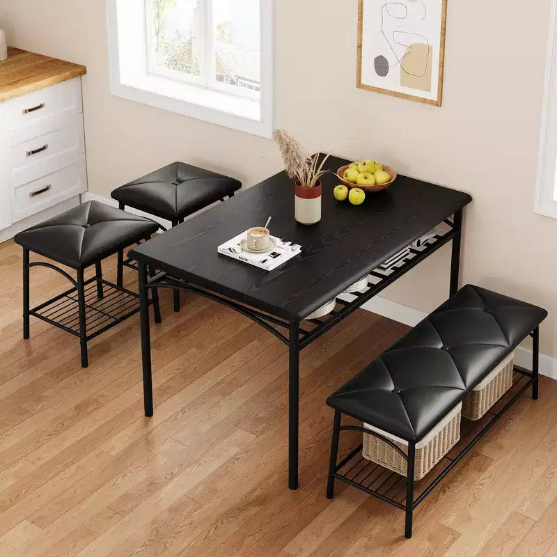 Square Dining Table Set for 4 with Wood Tabletop, 2 Upholstered Chairs & Bench, Heavy-Duty Metal Frame, Storage Dinette Set for Dining Room