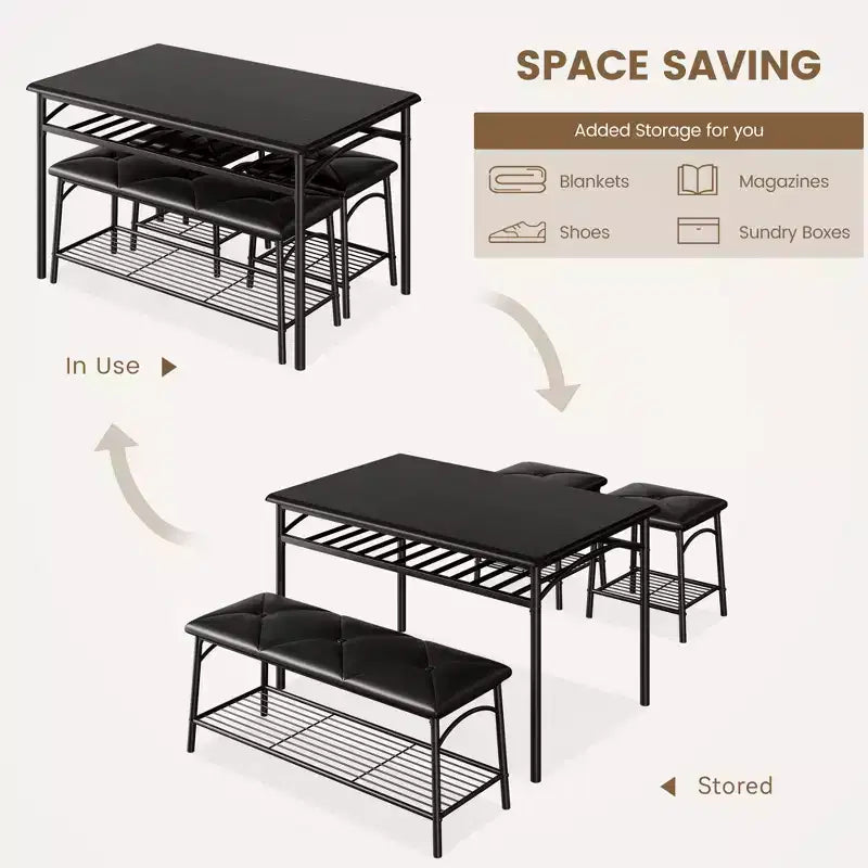 Ensemble de salle à manger marron et noir pour 4 personnes, rectangulaire, structure en fer