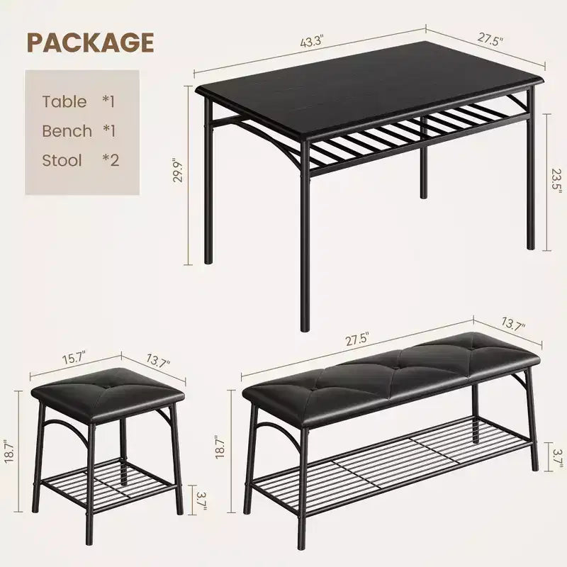 Ensemble de salle à manger marron et noir pour 4 personnes, rectangulaire, structure en fer