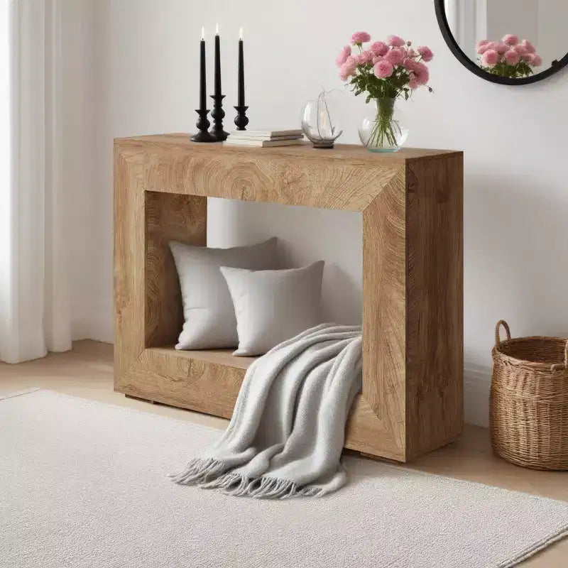 Console de 47 po en bois avec étagère de rangement – Couleur feu / Grain de bois coupé au couteau, montage par 1 personne