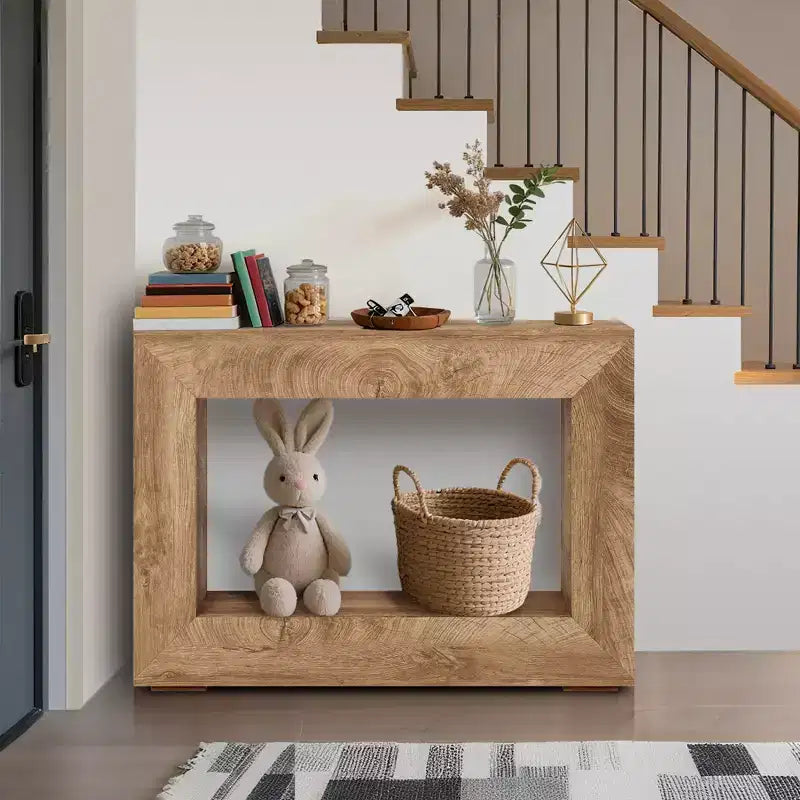 Console de 47 po en bois avec étagère de rangement – Couleur feu / Grain de bois coupé au couteau, montage par 1 personne