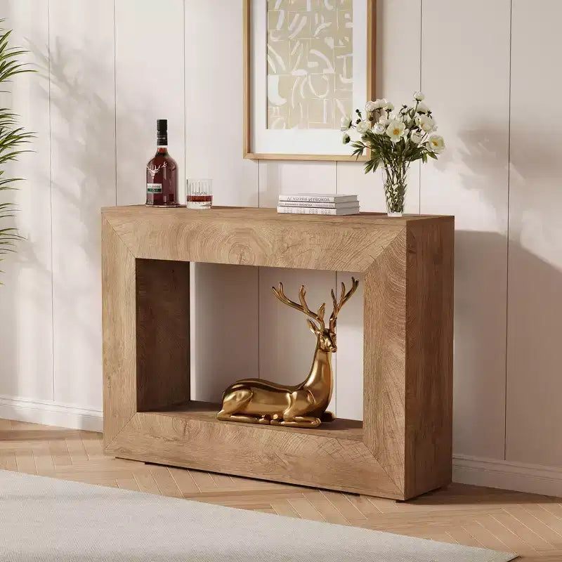 Console de 47 po en bois avec étagère de rangement – Couleur feu / Grain de bois coupé au couteau, montage par 1 personne