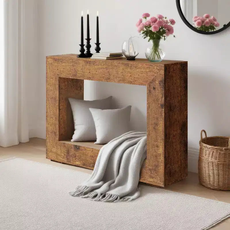 Console de 47 po en bois avec étagère de rangement – Couleur feu / Grain de bois coupé au couteau, montage par 1 personne