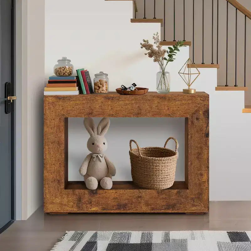 Console de 47 po en bois avec étagère de rangement – Couleur feu / Grain de bois coupé au couteau, montage par 1 personne