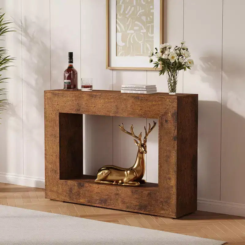 Console de 47 po en bois avec étagère de rangement – Couleur feu / Grain de bois coupé au couteau, montage par 1 personne