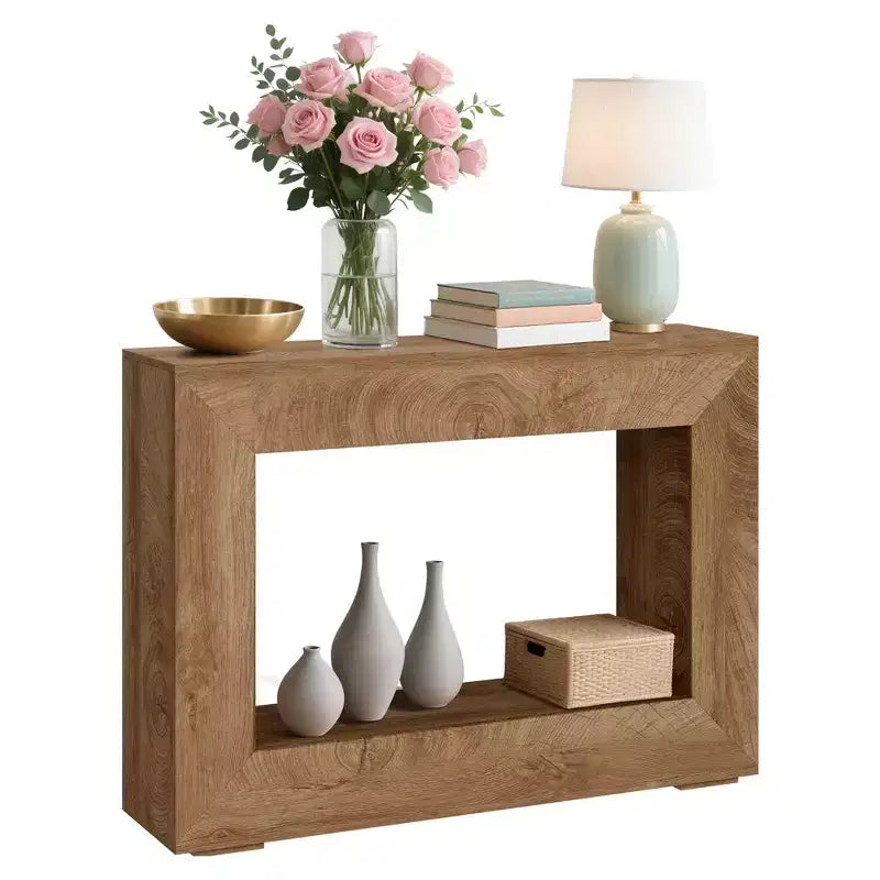 Console de 47 po en bois avec étagère de rangement – Couleur feu / Grain de bois coupé au couteau, montage par 1 personne