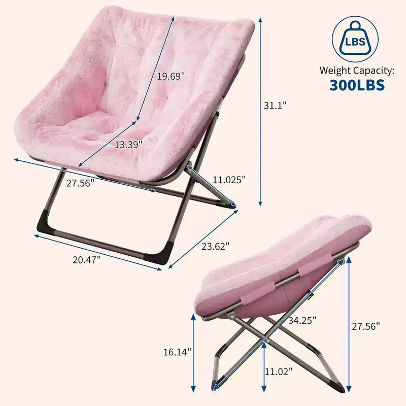 Fauteuil soucoupe pliant en fausse fourrure – Gris / Rose / Blanc, une place, capacité 136 kg