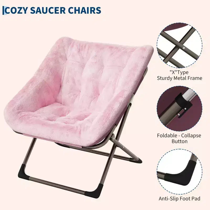 Fauteuil soucoupe pliant en fausse fourrure – Gris / Rose / Blanc, une place, capacité 136 kg