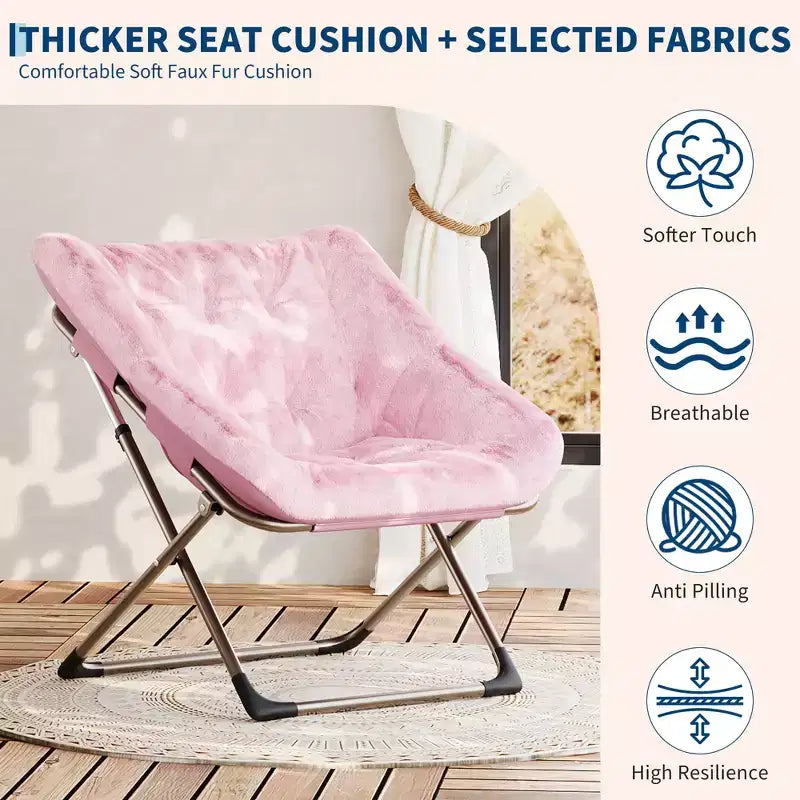 Fauteuil soucoupe pliant en fausse fourrure – Gris / Rose / Blanc, une place, capacité 136 kg