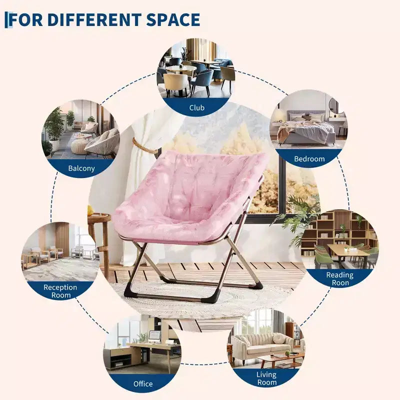 Fauteuil soucoupe pliant en fausse fourrure – Gris / Rose / Blanc, une place, capacité 136 kg