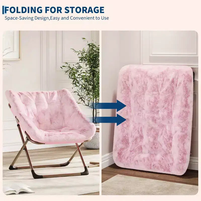 Fauteuil soucoupe pliant en fausse fourrure – Gris / Rose / Blanc, une place, capacité 136 kg