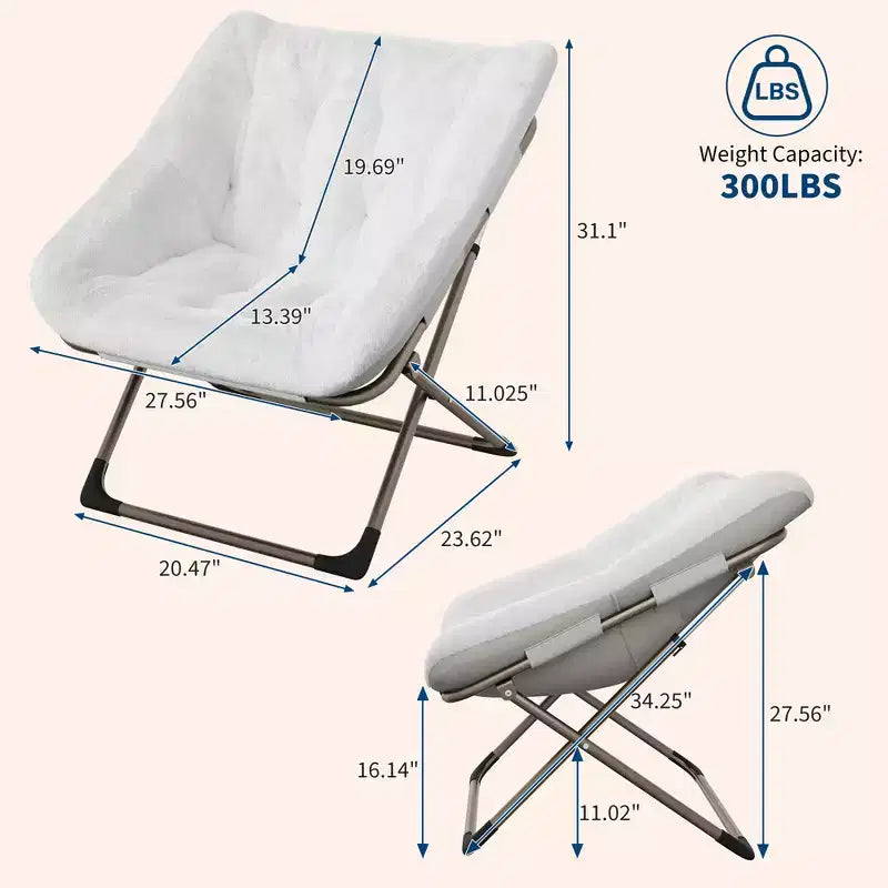 Fauteuil soucoupe pliant en fausse fourrure – Gris / Rose / Blanc, une place, capacité 136 kg