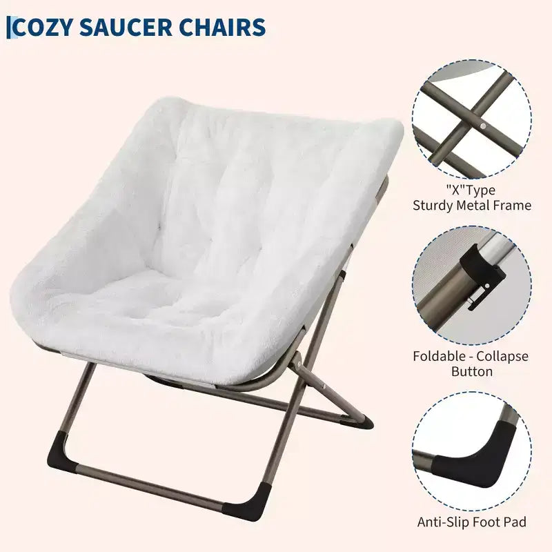 Fauteuil soucoupe pliant en fausse fourrure – Gris / Rose / Blanc, une place, capacité 136 kg