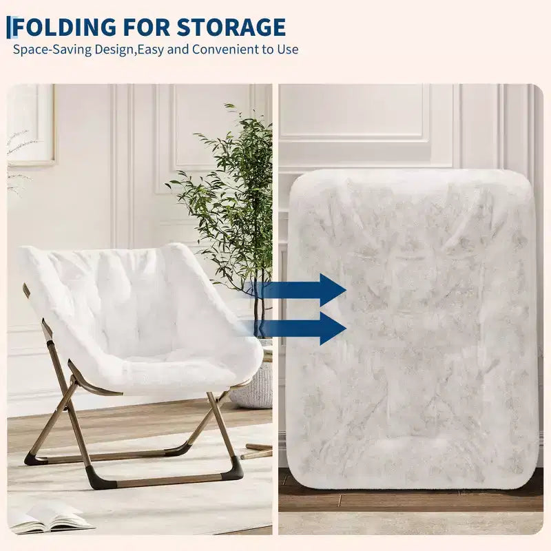 Fauteuil soucoupe pliant en fausse fourrure – Gris / Rose / Blanc, une place, capacité 136 kg