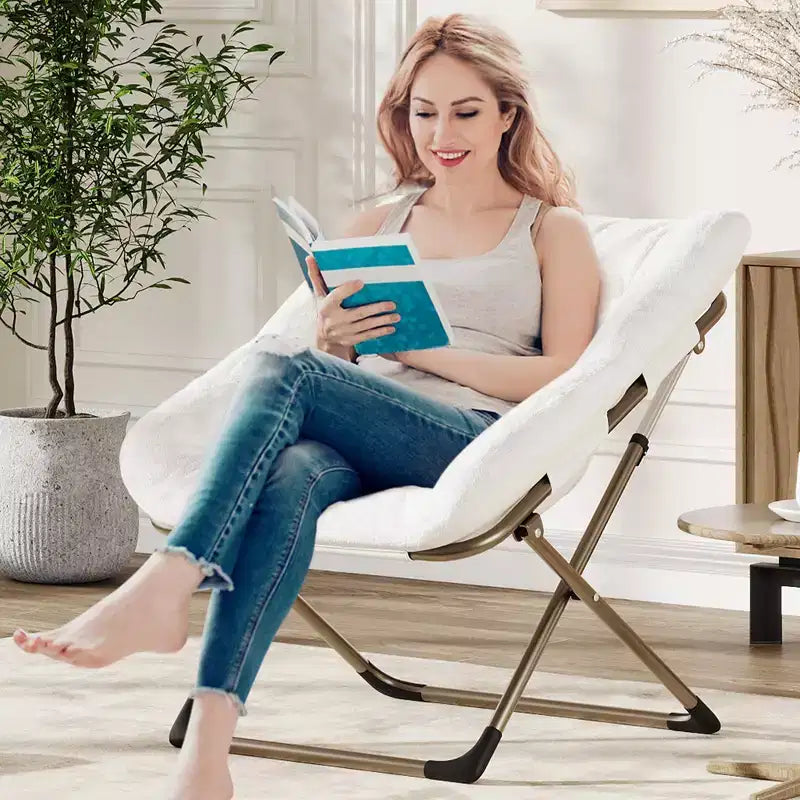Fauteuil soucoupe pliant en fausse fourrure – Gris / Rose / Blanc, une place, capacité 136 kg