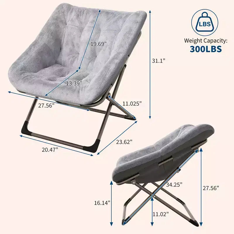 Fauteuil soucoupe pliant en fausse fourrure – Gris / Rose / Blanc, une place, capacité 136 kg