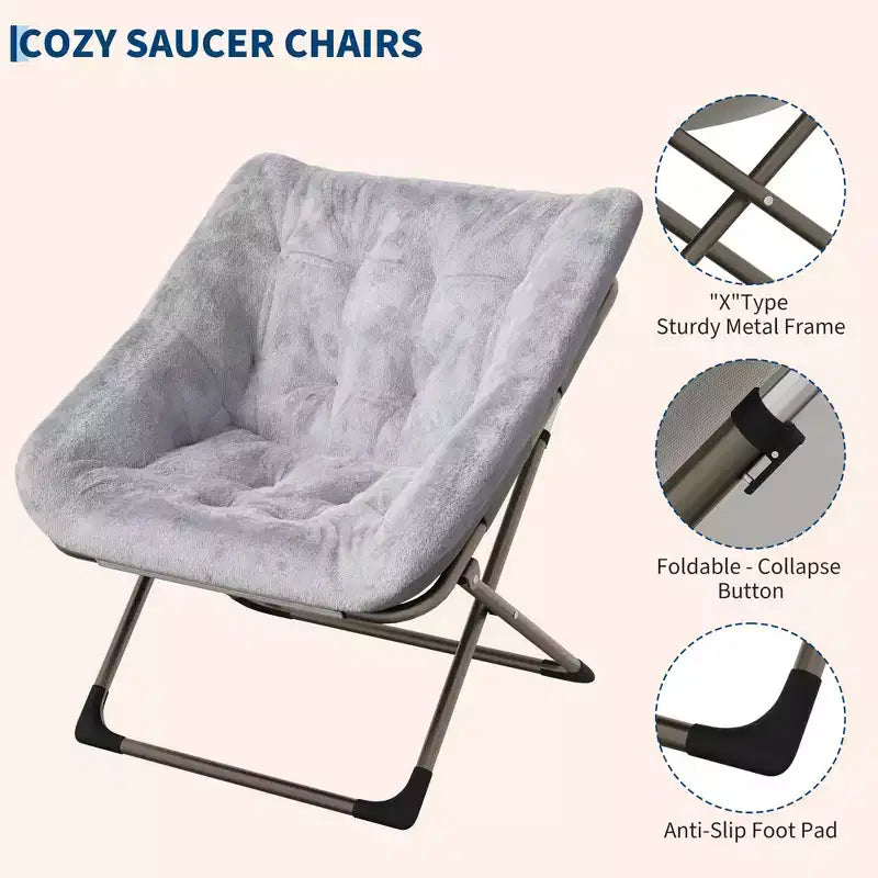 Fauteuil soucoupe pliant en fausse fourrure – Gris / Rose / Blanc, une place, capacité 136 kg
