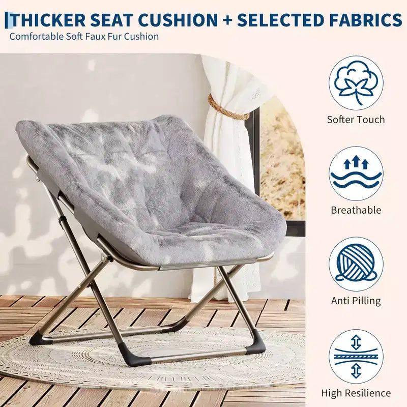 Fauteuil soucoupe pliant en fausse fourrure – Gris / Rose / Blanc, une place, capacité 136 kg