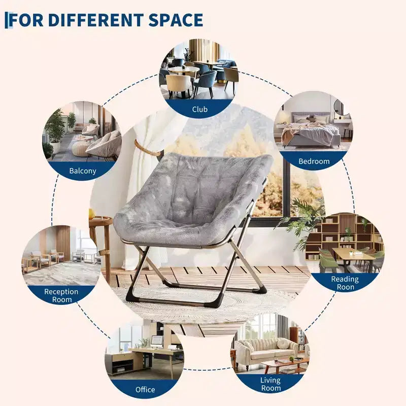 Fauteuil soucoupe pliant en fausse fourrure – Gris / Rose / Blanc, une place, capacité 136 kg