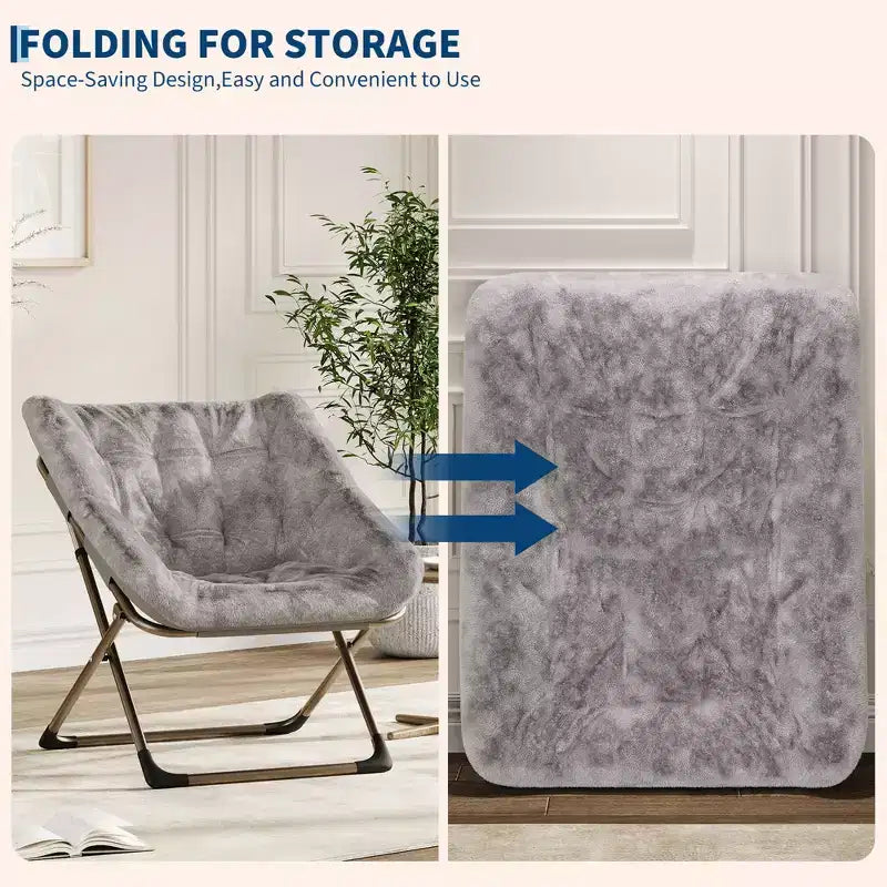 Fauteuil soucoupe pliant en fausse fourrure – Gris / Rose / Blanc, une place, capacité 136 kg