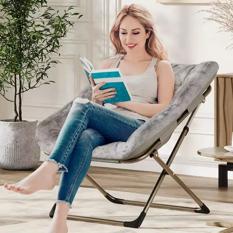 Fauteuil soucoupe pliant en fausse fourrure – Gris / Rose / Blanc, une place, capacité 136 kg