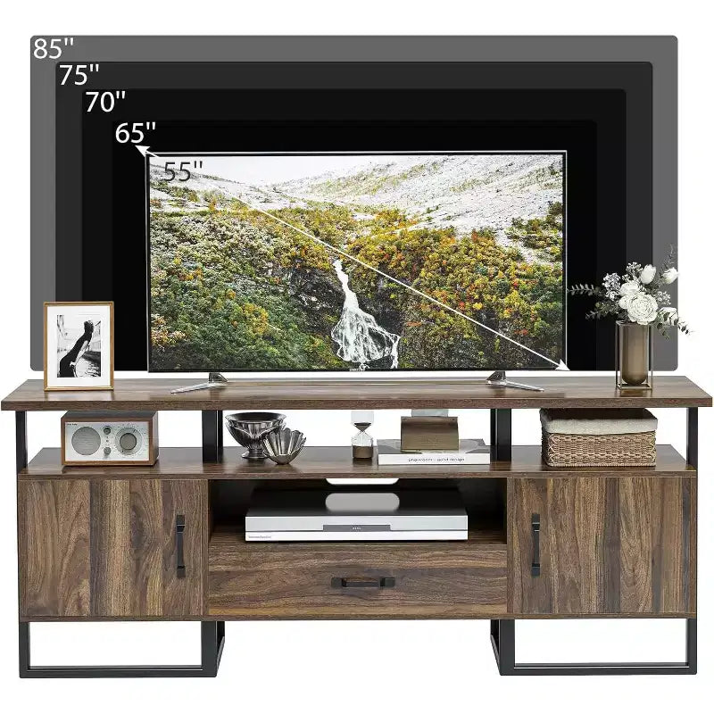 Meuble TV industriel marron rustique avec tiroir et placards latéraux, convient jusqu'à 75"