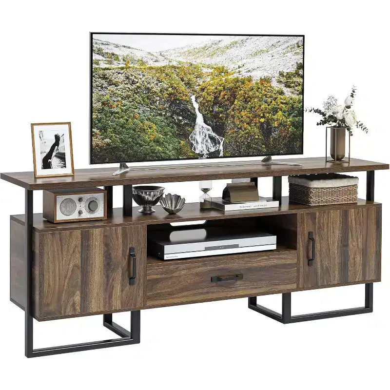 Meuble TV industriel marron rustique avec tiroir et placards latéraux, convient jusqu'à 75"