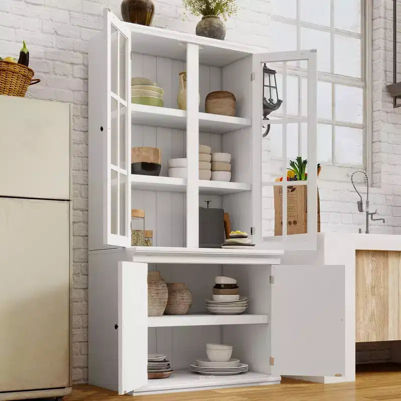 Meuble de Rangement sur Pied, Style Ferme, Blanc, avec Portes en Verre à Treillis, 4 Portes, Montage par 1 Personne