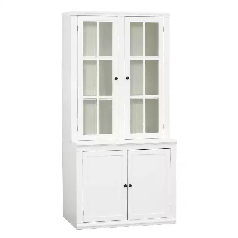 Meuble de Rangement sur Pied, Style Ferme, Blanc, avec Portes en Verre à Treillis, 4 Portes, Montage par 1 Personne