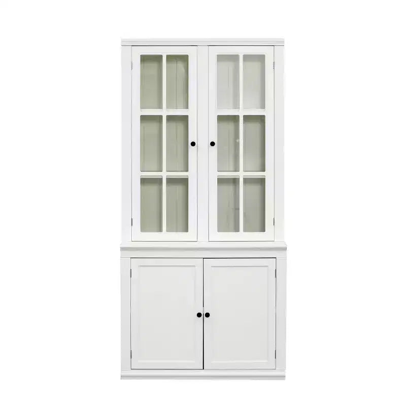Meuble de Rangement sur Pied, Style Ferme, Blanc, avec Portes en Verre à Treillis, 4 Portes, Montage par 1 Personne