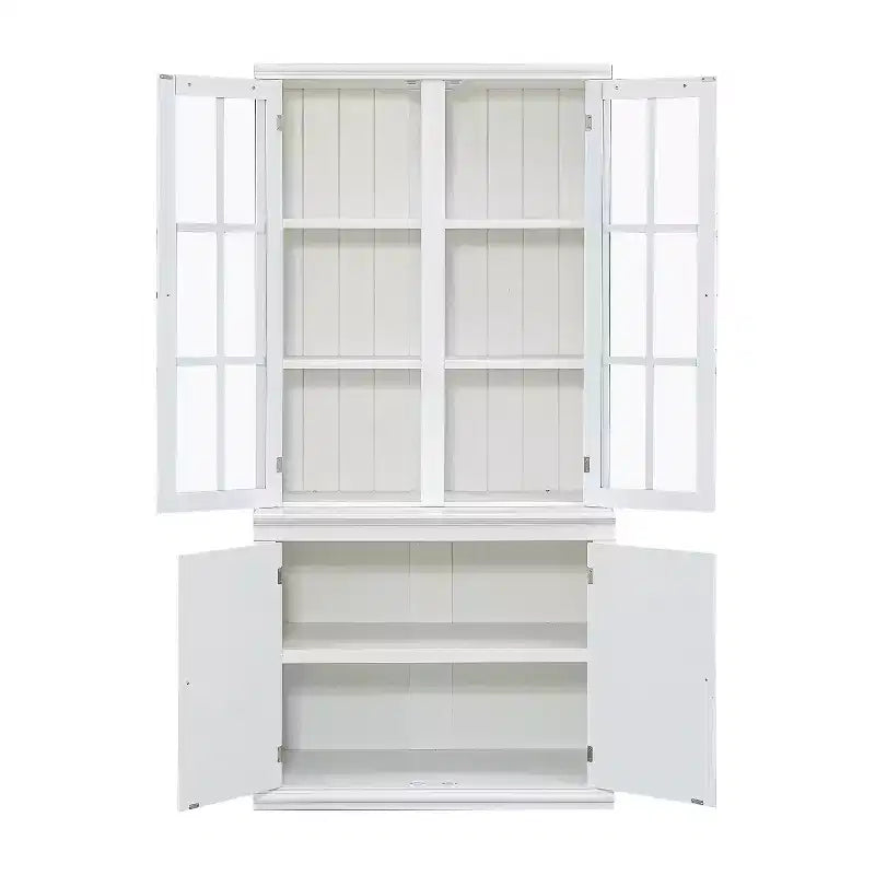 Meuble de Rangement sur Pied, Style Ferme, Blanc, avec Portes en Verre à Treillis, 4 Portes, Montage par 1 Personne