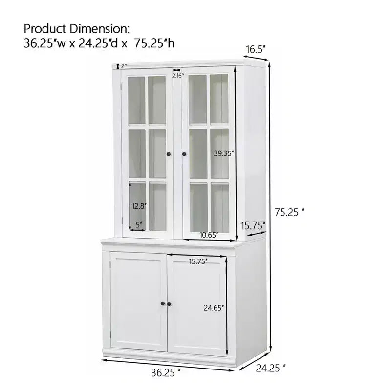 Meuble de Rangement sur Pied, Style Ferme, Blanc, avec Portes en Verre à Treillis, 4 Portes, Montage par 1 Personne