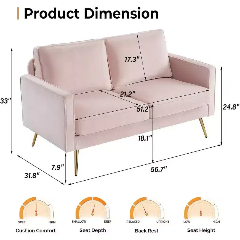Causeuse moderne de 56 po, beige/marron/rose/blanc, assise profonde, 2 places