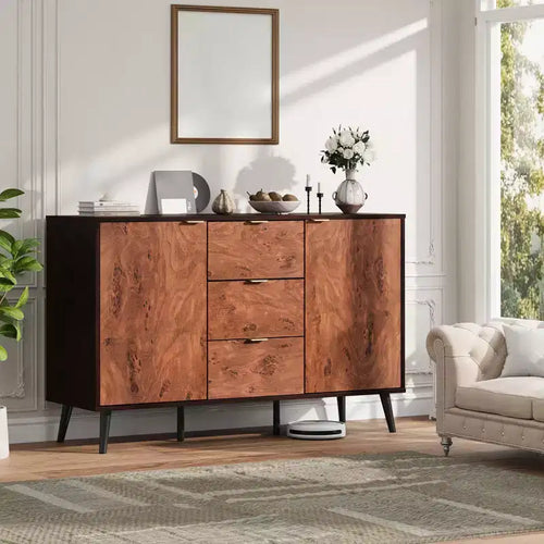 Buffet en bois marron de 130 cm avec 2 portes et étagères