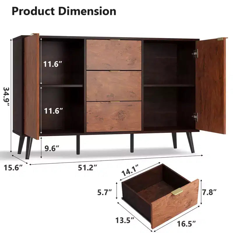 Buffet en bois marron de 130 cm avec 2 portes et étagères