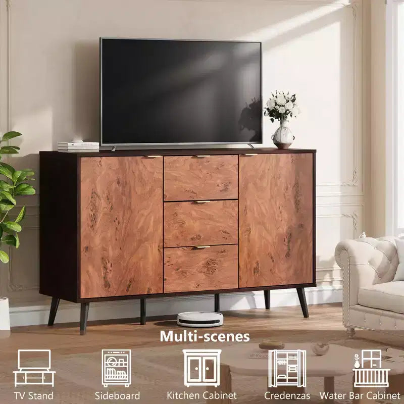 Buffet en bois marron de 130 cm avec 2 portes et étagères