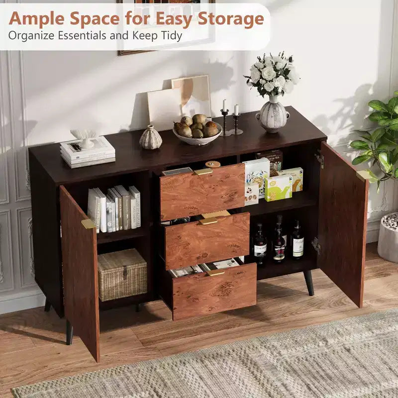 Buffet en bois marron de 130 cm avec 2 portes et étagères