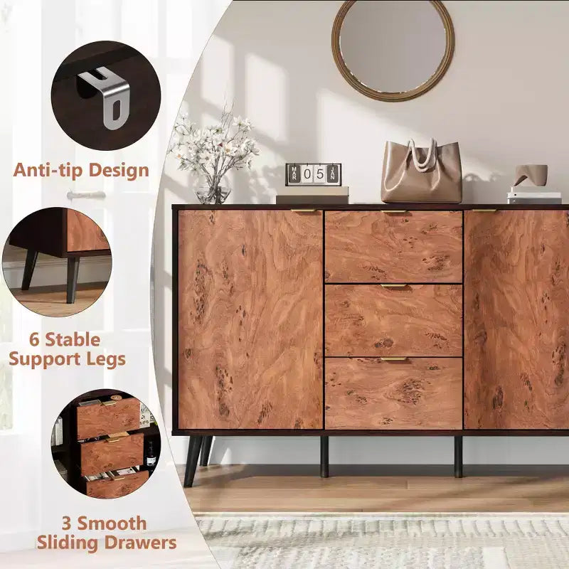 Buffet en bois marron de 130 cm avec 2 portes et étagères